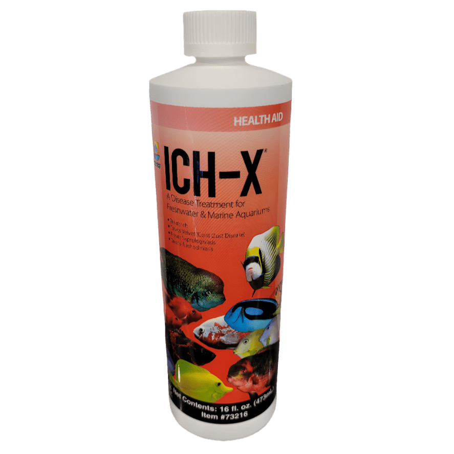 A bottle of Aquarium Solutions - ICH-X, a disease treatment designed for both freshwater and marine aquariums. The packaging displays images of different fish species and provides detailed product information. It comes in a white bottle with a striking red label and is topped with a white cap.