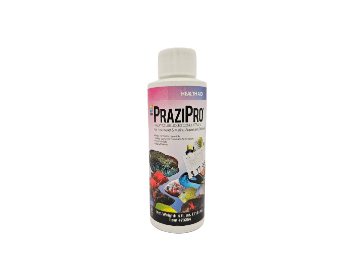 118ml bottle of Aquarium Solutions - PraziPro featuring a white cap and a vibrant label with images of fish and aquatic scenes. The label reads Health-aid PraziPro, indicating it's designed to treat both external and internal parasites in fish.