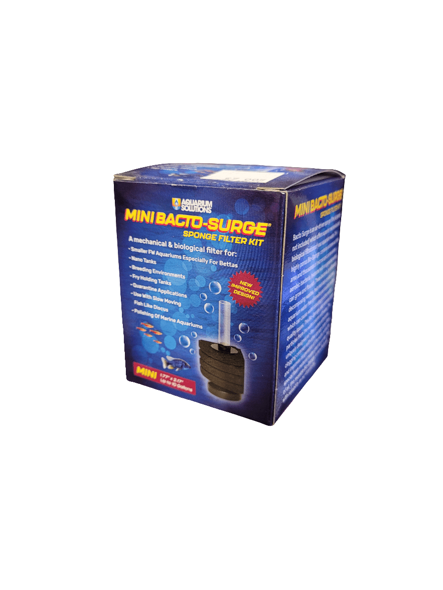 Blue box of the Aquarium Solutions - Sponge Filter - Mini Kit for aquariums. The text highlights its benefits for bettas, inverts, and fry. An image shows the filter in use with bubbles.