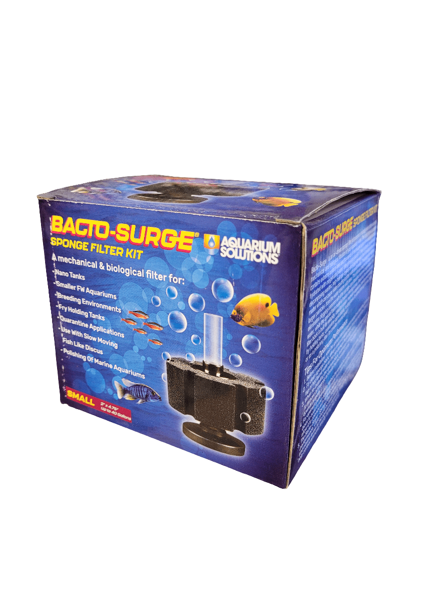 Aquarium Solutions - Sponge Filter - Small (40gal) kit packaging, adorned with illustrations of fish and bubbles, emphasizes its compatibility with both freshwater and marine tanks, as well as its suitability for breeding and shrimp tanks.