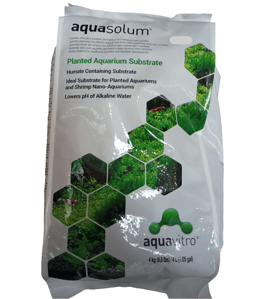 Aquasolum, by Aquavitro, is a 4 kg (8.8 lbs) bag of aquarium substrate ideal for planted aquariums and shrimp nano-aquariums, featuring its capacity to reduce the pH of alkaline water.