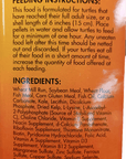 The label on the Aquatic Turtle Food Zoo Med 12oz container displays feeding instructions, a list of ingredients, and states its suitability for turtles with a shell length of at least 6 inches. The product is endorsed by Zoo Med in collaboration with TSA.