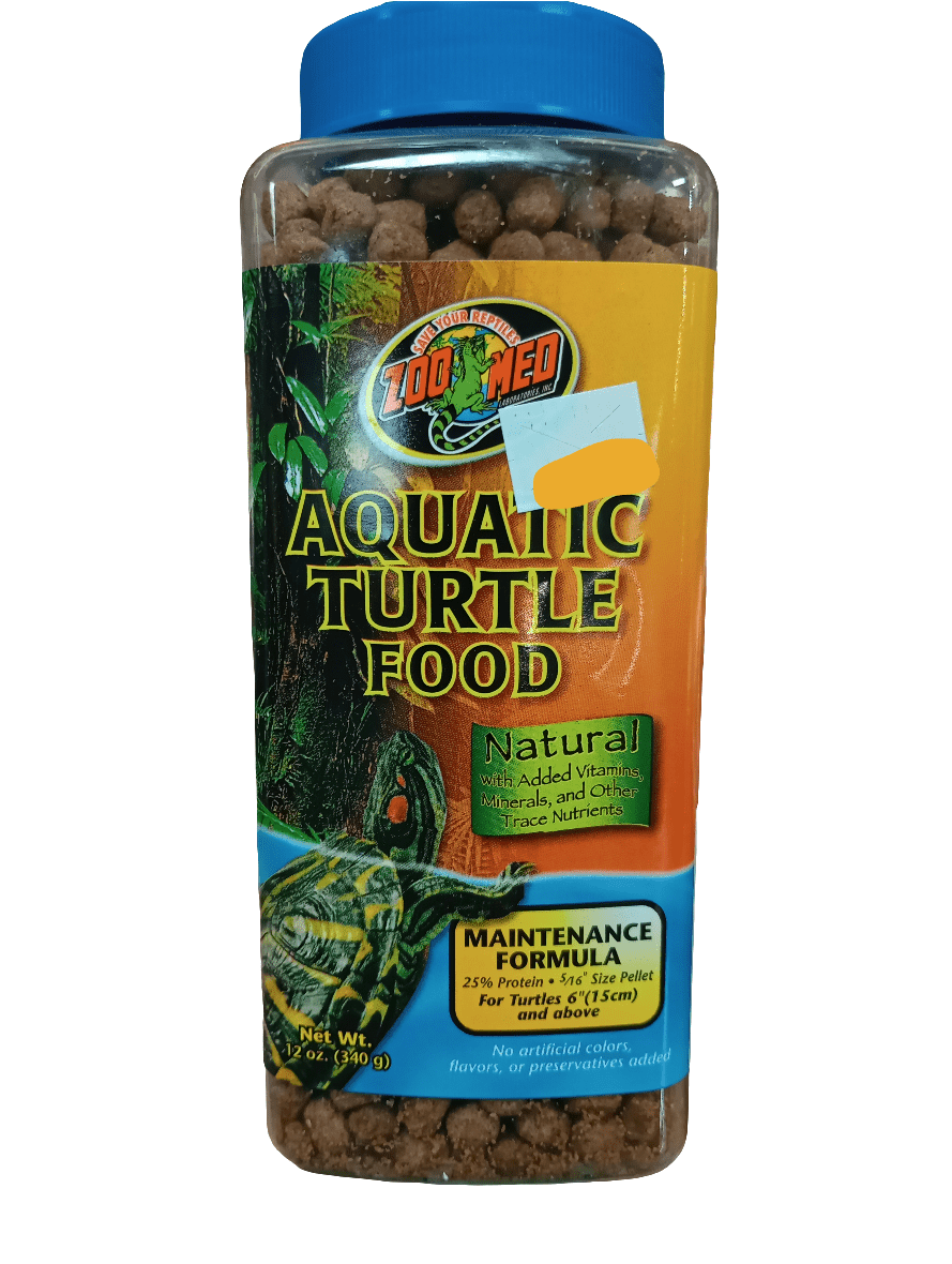 A 12 oz (340 g) bottle of Aquatic Turtle Food Zoo Med highlights its natural ingredients for maintenance, showcases a turtle on the label, and emphasizes added vitamins and minerals.