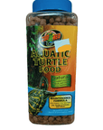 A 12 oz (340 g) bottle of Aquatic Turtle Food Zoo Med highlights its natural ingredients for maintenance, showcases a turtle on the label, and emphasizes added vitamins and minerals.