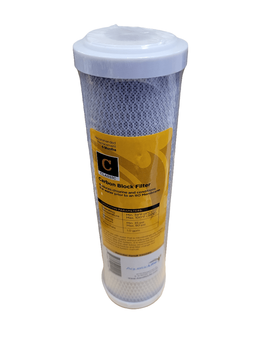 The Aquaticlife - Carbon Block Cartridge is a cylindrical water filter featuring a white cap and base, accompanied by a yellow label that outlines specifications and usage information.