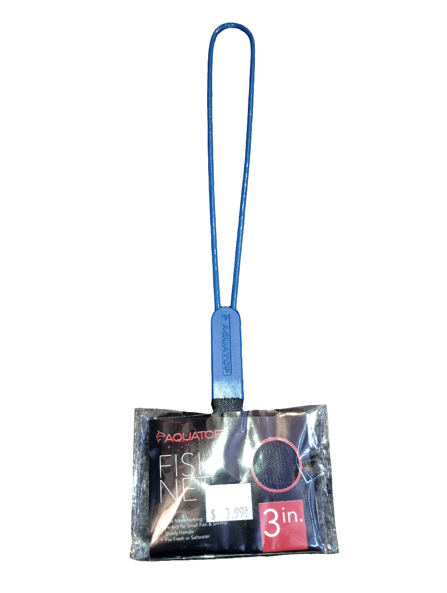 Aquatop's 3" Fish Net comes with a blue handle and strap, priced at $3.99.