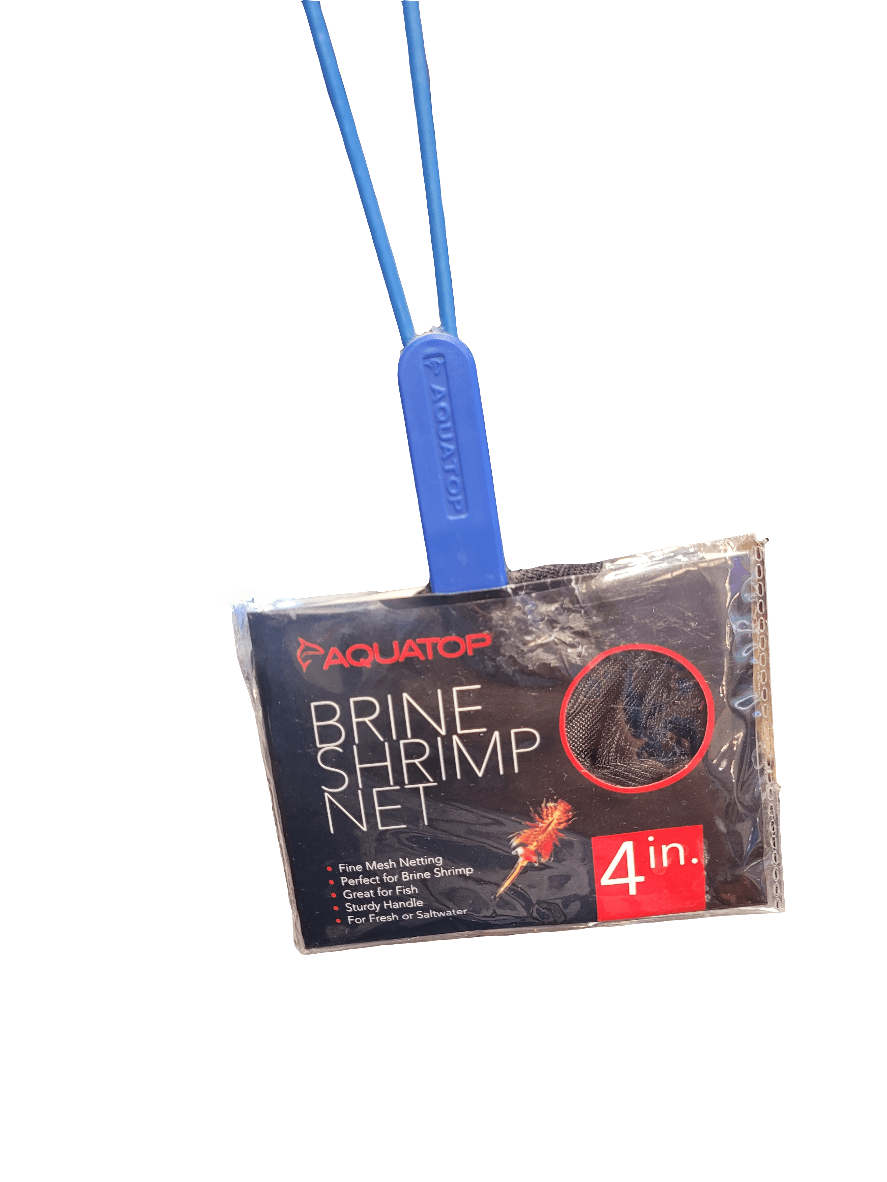 The image displays a blue aquarium net with a label indicating it is an Aquatop - 4" Fish Net. The packaging emphasizes features such as Fine Mesh Netting and its suitability for Brine Shrimp.