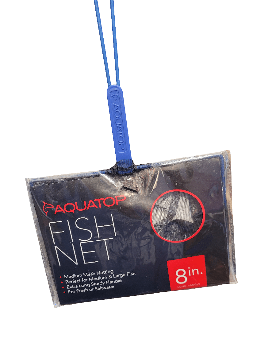 Image of the Aquatop - 8" Fish Net package featuring a blue handle. Designed for medium to large fish, it is suitable for both freshwater and saltwater environments.