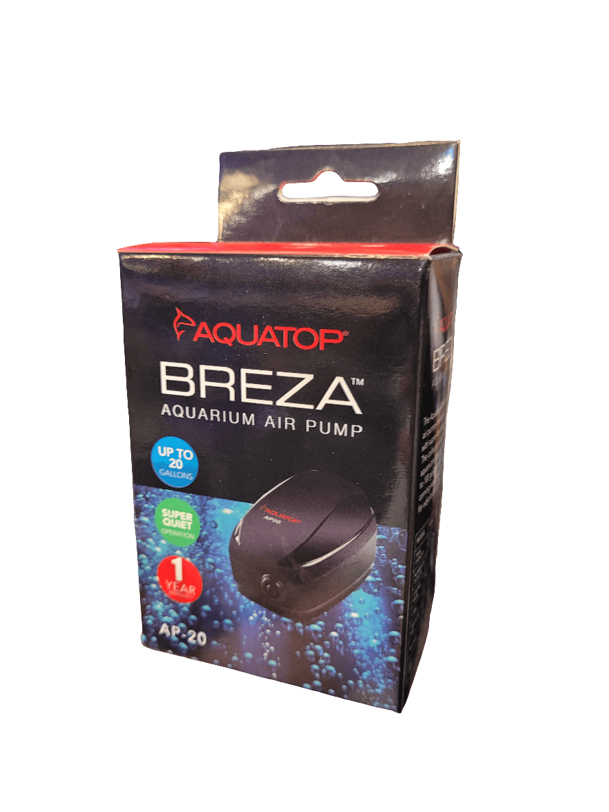 The packaging for the Aquatop - AP-20 Air Pump features an image of the pump and highlights its suitability for up to 20 gallons, its super quiet operation, and a 1-year warranty.