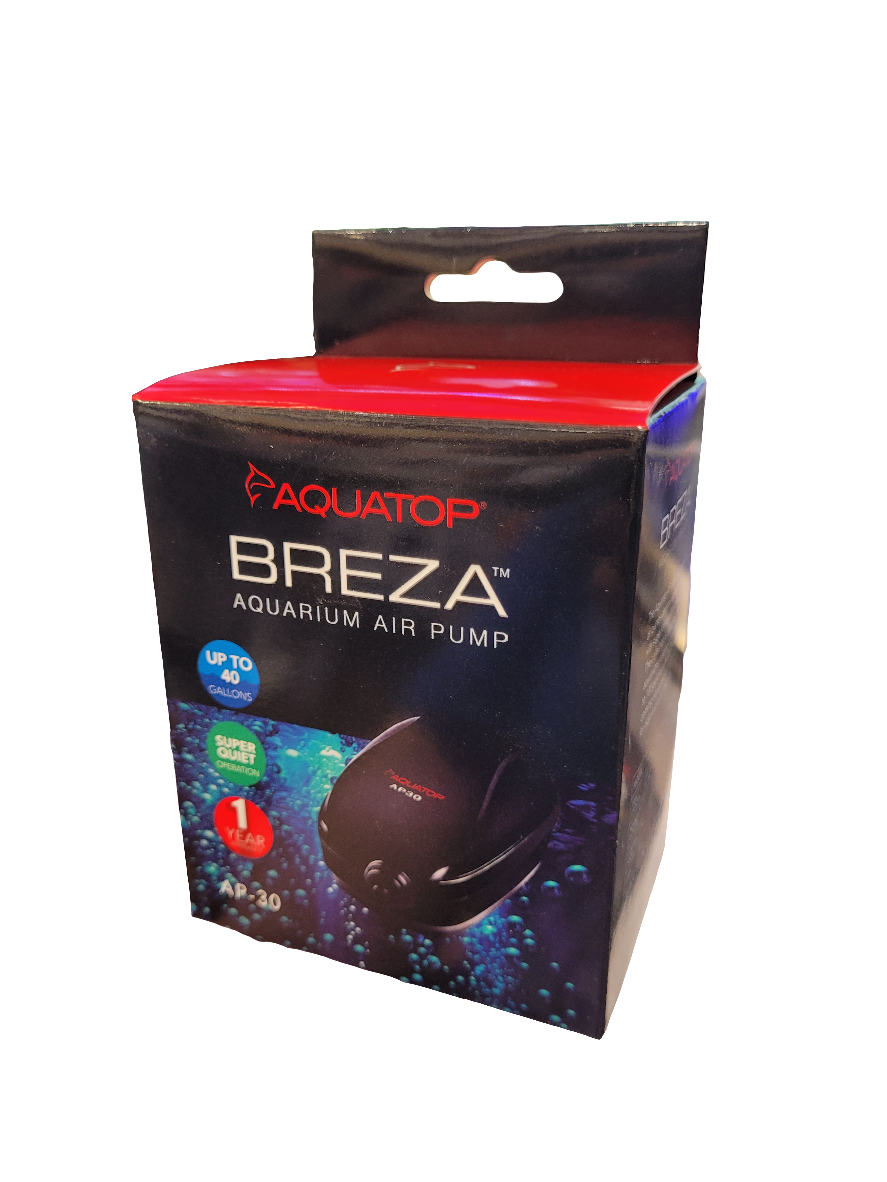 Red and black Aquatop AP-30 Air Pump box featuring Up to 60 Gal, Quiet Motor Technology, and 1 Year Limited Warranty text, along with an image of the pump.