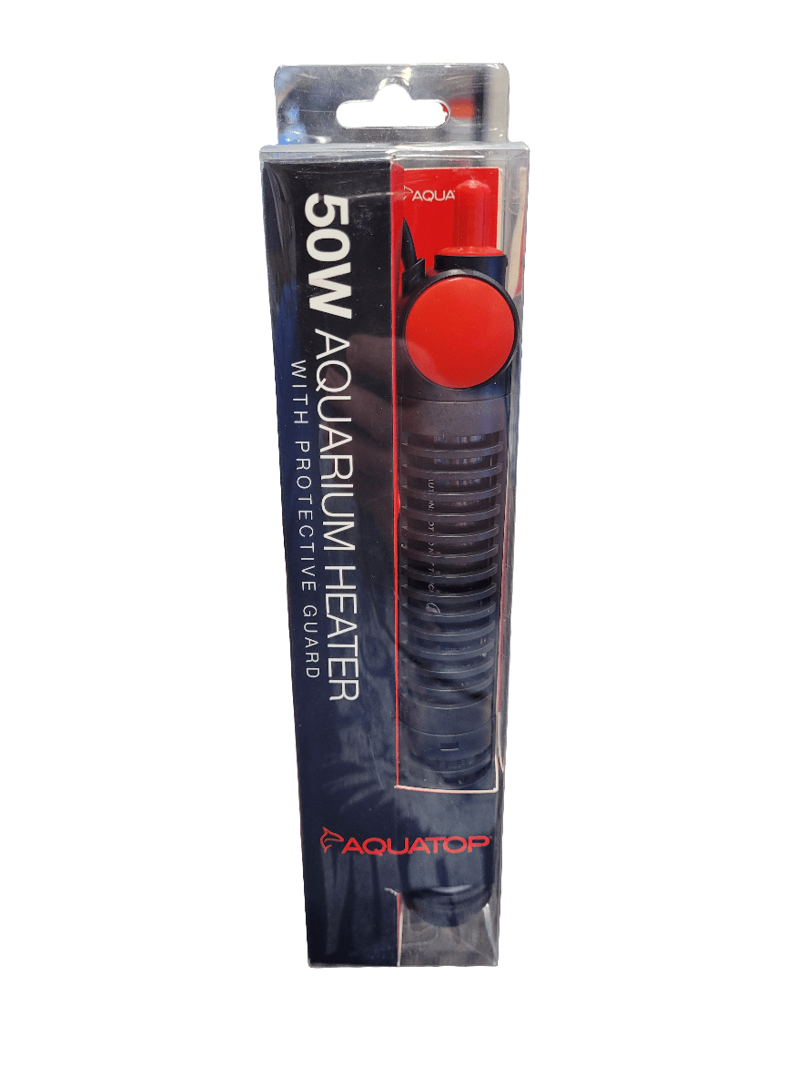 A boxed Aquatop aquarium heater with a protective guard, offering 50 watts of power and featuring a red adjustment knob. The packaging prominently displays the Aquatop brand name.