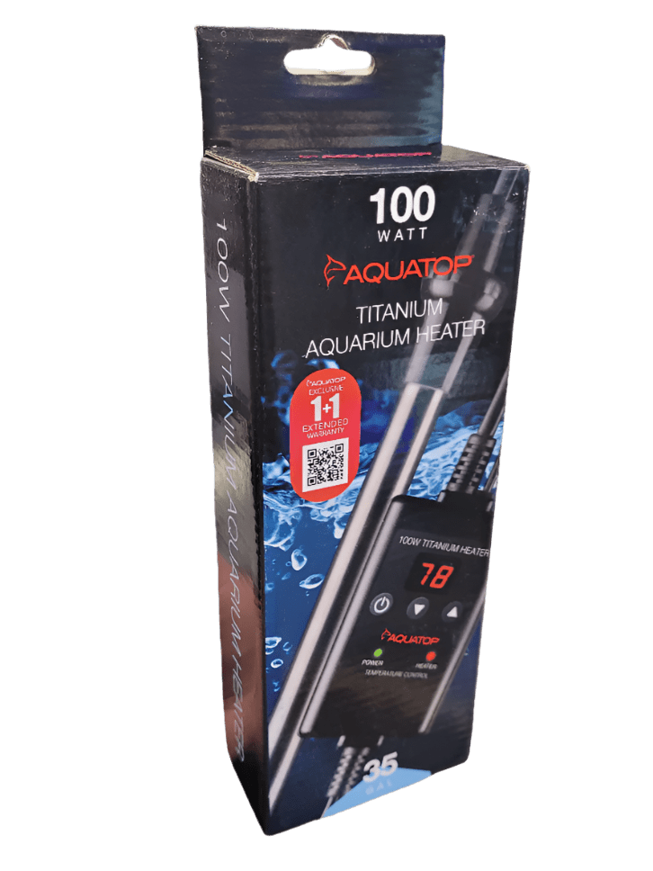 Packaging of the Aquatop Aquarium Heater with Controller - 100 watt. The box showcases product information, a picture of the heater, and emphasizes a control precision of 1.1 degrees Celsius.