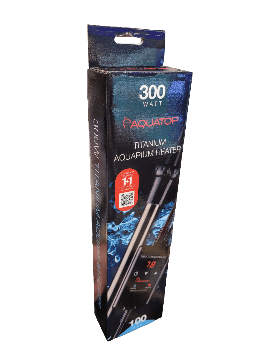 The packaging for the Aquatop Aquarium Heater with Controller, 300 watt, is chiefly black with blue accents. It showcases images of both the heater and water, along with a red label highlighting a 1-year warranty.