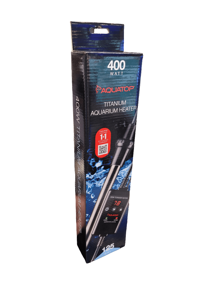 A box of an Aquatop Aquarium Heater with Controller, featuring 400W power, displays an image of the heater along with a digital temperature display on the packaging. It mentions a 1-year warranty and showcases a blue aquatic-themed background.