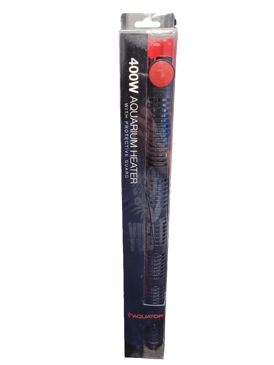 A transparent packaging box showcasing an Aquatop 400W aquarium heater with a protective guard. Inside, you can see the black heater featuring a red control knob, and the brand name Aquatop is prominently displayed at the bottom.