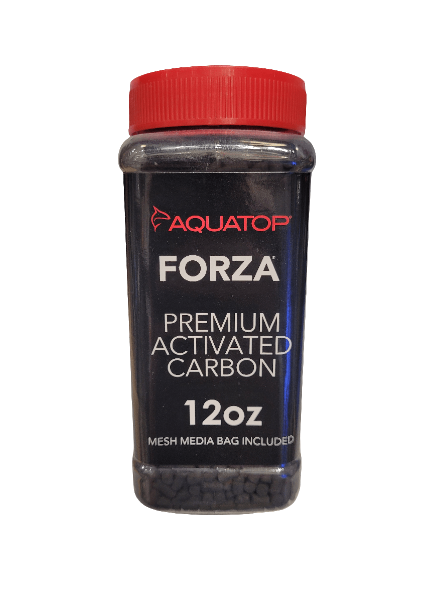 The product is an Aquatop Forza Activated Carbon with a red lid, labeled as 12 ounces and includes a mesh media bag.