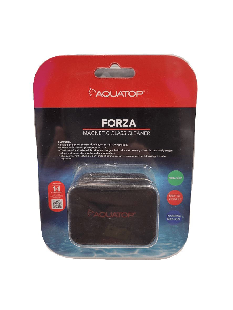 The Aquatop - Forza Magnetic Glass Cleaner - Extra Small is packaged in a clear plastic cover, displaying the product description and its features, such as the non-slip and floating design labels. The packaging predominantly features red and blue colors.