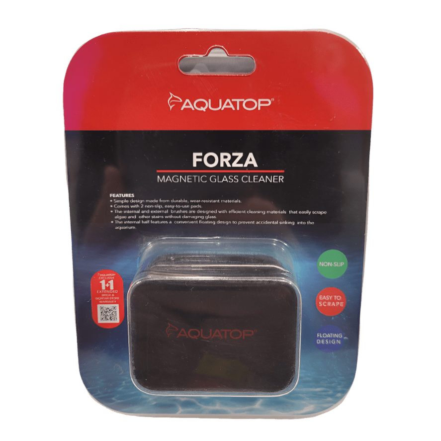 The Aquatop - Forza Magnetic Glass Cleaner - Medium comes packaged with a black cleaner inside, featuring a non-slip grip, easy scraping capabilities, and a floating design. The packaging is styled in red and black with a clear plastic cover.