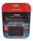 The Aquatop - Forza Magnetic Glass Cleaner - Medium comes packaged with a black cleaner inside, featuring a non-slip grip, easy scraping capabilities, and a floating design. The packaging is styled in red and black with a clear plastic cover.