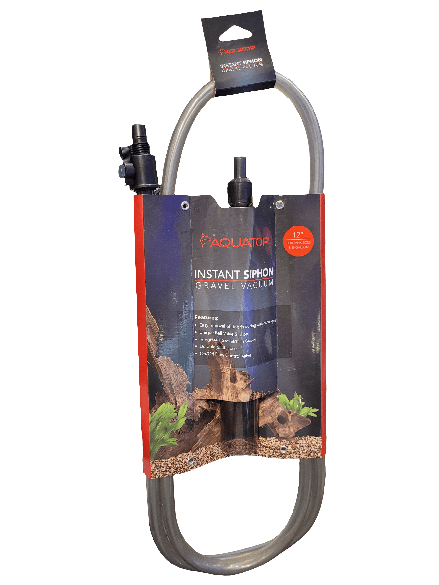 The packaging for the Aquatop Instant Siphon Gravel Vacuum - 12" is designed for aquarium use. It includes a clear hose and valve, embellished with images of aquatic plants and gravel. The packaging also details the product's features and specifications.