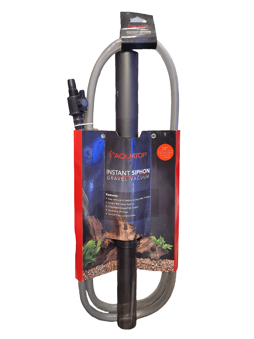 Aquatop - Instant Siphon Gravel Vacuum - 24" comes packaged with a black siphon tube and a clear hose coiled around it, specifically designed for aquarium maintenance.