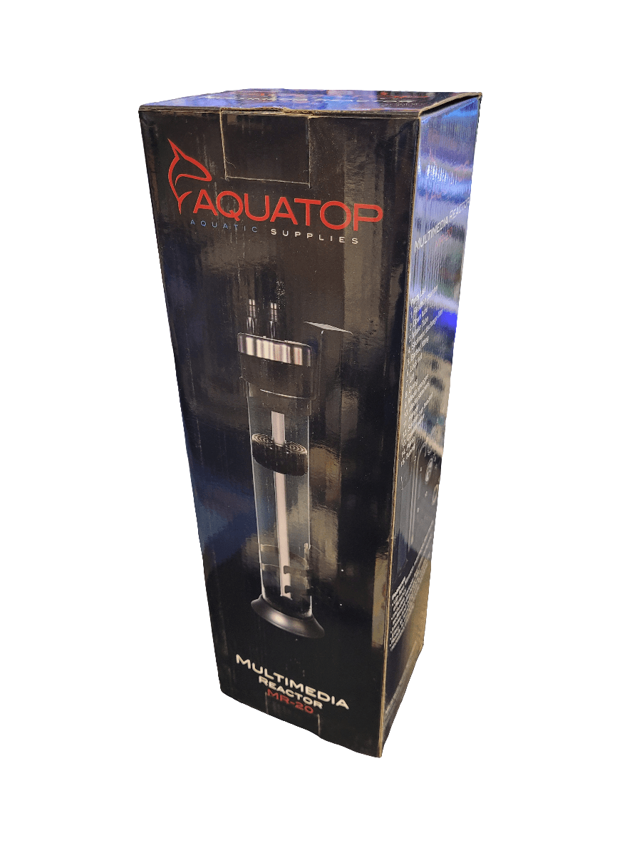 Packaging showcasing an Aquatop aquatic supplies device in black and transparent design. The branding features a stylized flame logo, and the product is labeled as the Aquatop - MR-20 Multimedia Reactor model.