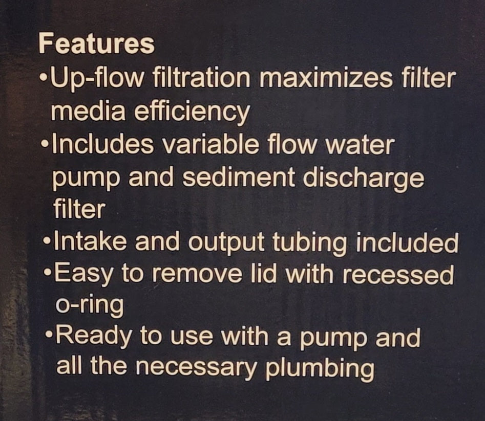 Text on a dark background listing features of the Aquatop - MR-30 Multimedia Reactor: up-flow filtration, variable flow water pump, sediment discharge filter, intake/output tubing, easy-to-remove lid with o-ring, and includes necessary plumbing and pump.