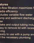 Text on a dark background listing features of the Aquatop - MR-30 Multimedia Reactor: up-flow filtration, variable flow water pump, sediment discharge filter, intake/output tubing, easy-to-remove lid with o-ring, and includes necessary plumbing and pump.