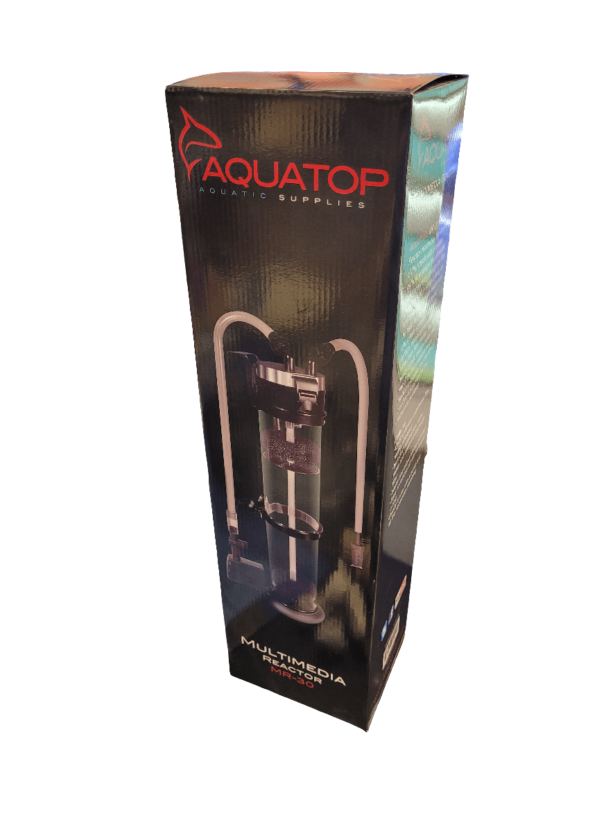 Box packaging of the Aquatop - MR-30 Multimedia Reactor. The box showcases an image of the reactor filter along with the Aquatop logo and the text "Aquatic Supplies," set against a dark, metallic textured background.