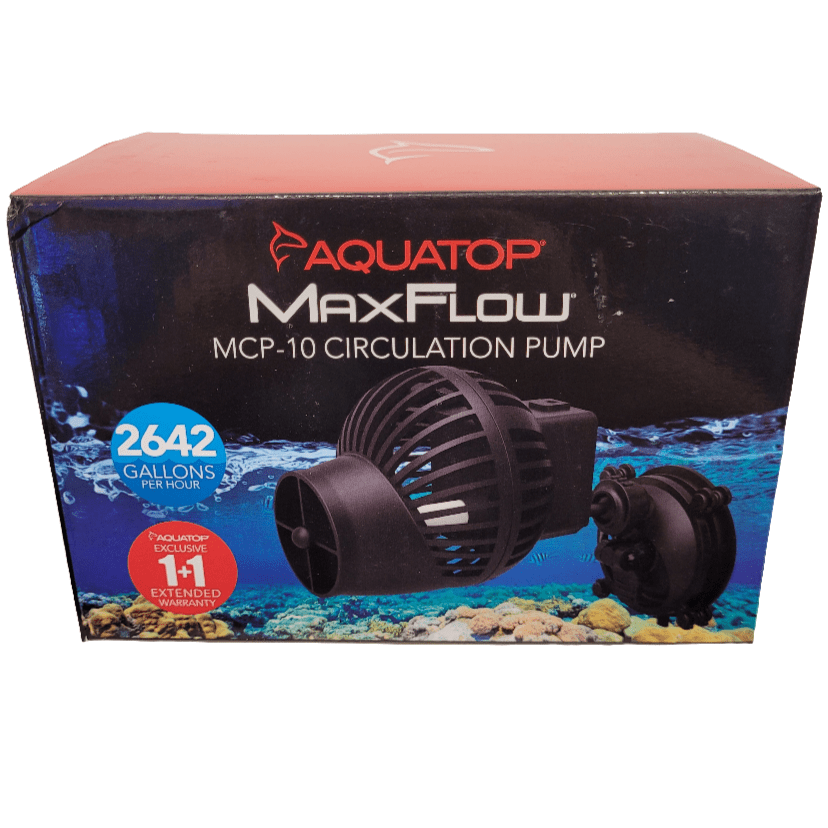 Image of a red and blue box for the Aquatop Max Flow MCP-10 Circulation Pump 2642 GPH. The packaging showcases features like a flow rate of 2,642 gallons per hour and includes a 1-year extended warranty. An image of the pump is prominently displayed on the box.