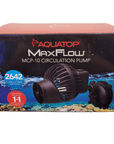 Image of a red and blue box for the Aquatop Max Flow MCP-10 Circulation Pump 2642 GPH. The packaging showcases features like a flow rate of 2,642 gallons per hour and includes a 1-year extended warranty. An image of the pump is prominently displayed on the box.