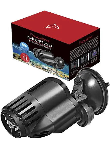 The Aquatop MaxFlow CPS-1 Circulation Pump, 256 GPH in black, is shown with a high flow impeller and suction cup. Its red and black packaging highlights its ability to enhance the vibrancy of marine aquariums with text and an image of the pump.