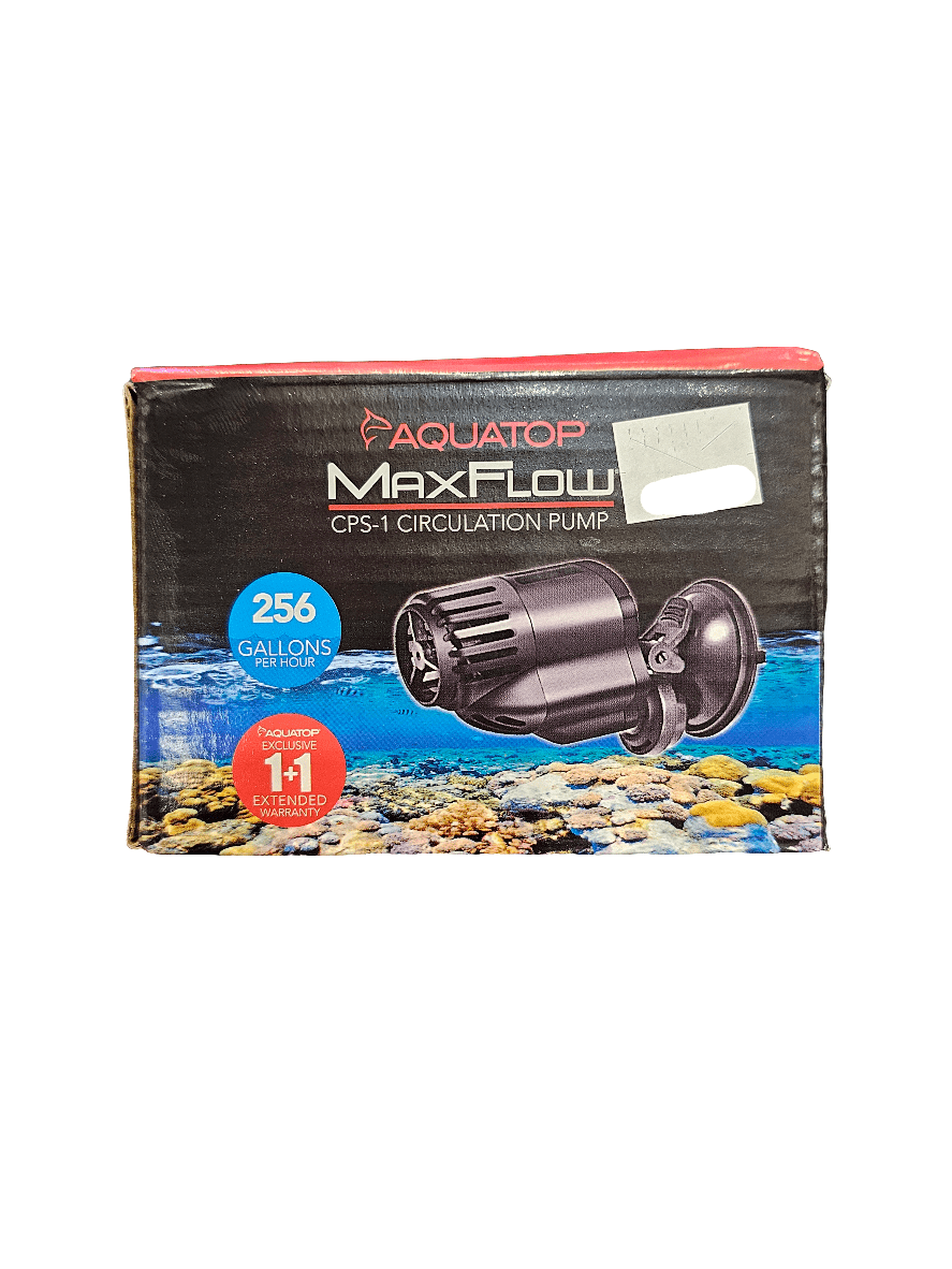 Box of an Aquatop - MaxFlow - CPS-1 Circulation Pump 256 GPH, showcasing an image of the pump above a vibrant coral reef. The packaging emphasizes its capacity of 256 gallons per hour and displays a sticker for a 1-year extended warranty.