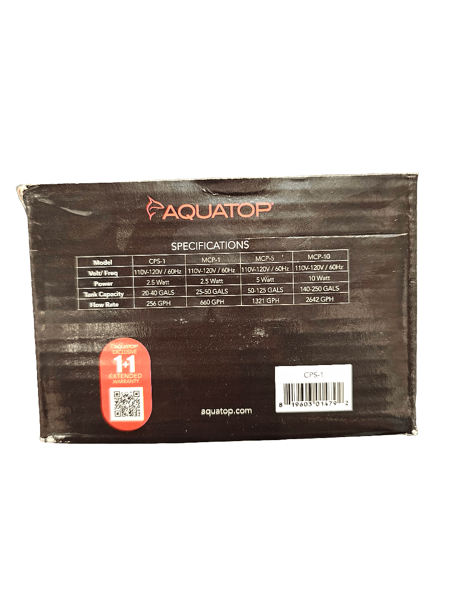 Picture of the packaging for Aquatop's MaxFlow CPS-1 Circulation Pump 256 GPH. The box displays details such as model numbers (CPS-1, MCP-1), wattage, voltage, power cord length, pump capacity, and flow rate. A QR code and the company's website are also present.