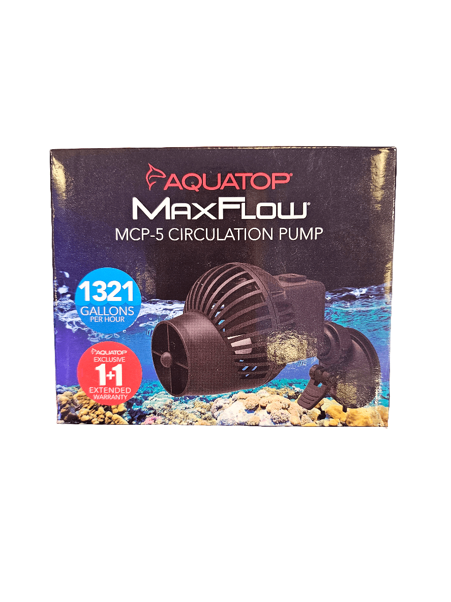 Image of a product box for the Aquatop MaxFlow MCP-5 Circulation Pump, ideal for aquariums. The packaging prominently features the pump and emphasizes its high flow impeller capable of 1321 gallons per hour, along with a Two-Year Limited Warranty. The background is beautifully adorned with water and rocks.