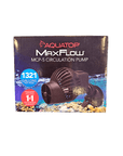 Image of a product box for the Aquatop MaxFlow MCP-5 Circulation Pump, ideal for aquariums. The packaging prominently features the pump and emphasizes its high flow impeller capable of 1321 gallons per hour, along with a Two-Year Limited Warranty. The background is beautifully adorned with water and rocks.