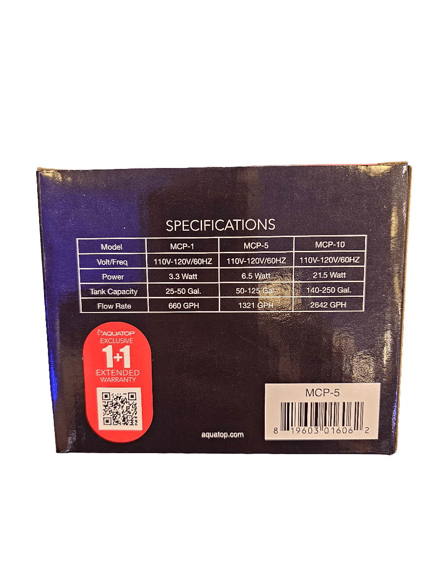 The packaging for the Aquatop MaxFlow MCP-5 Circulation Pump 1321 GPH showcases key specifications, including volt/frequency, power, tank capacity, and flow rate details for models MCP-1, MCP-5, and MCP-10. Designed to enhance aquarium water circulation with its high-flow impeller, the product also includes a QR code for a 1+1 extended warranty.