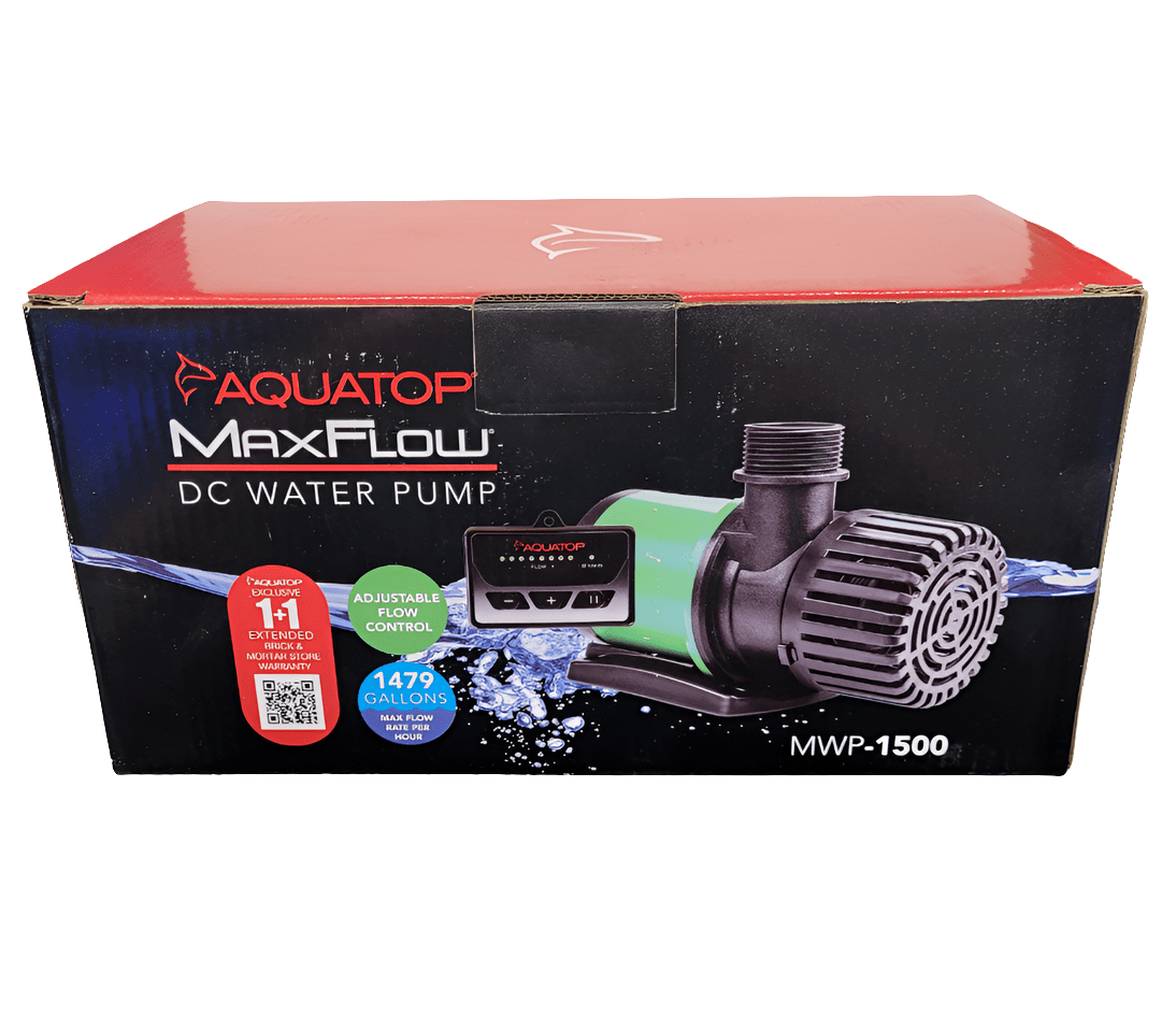 Aquatop MaxFlow DC Water Pump packaging includes an image of the pump and highlights features such as adjustable flow control, a capacity of 1479 gallons per hour, and a 1+1 extended warranty option. Model MWP-1500.