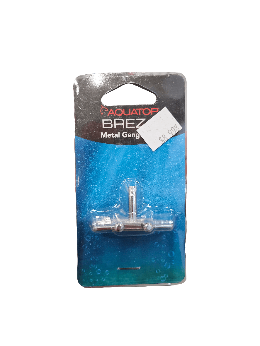 A packaged metal fishing lure labeled as Aquatop - Metal Gang - Valve 2 Way. The packaging is blue and black, featuring a visible price tag of $8.99. The lure itself is silver and shaped like a small fish.