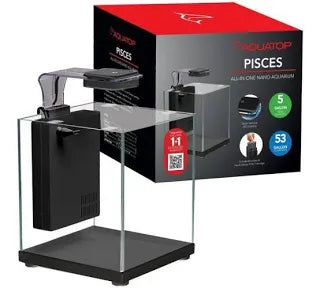 A clear glass aquarium, the Aquatop Pisces All-In-One Nano Aquarium, features a black base and filter system with 5-gallon capacity and 53 GPH flow rate, displayed next to its packaging.