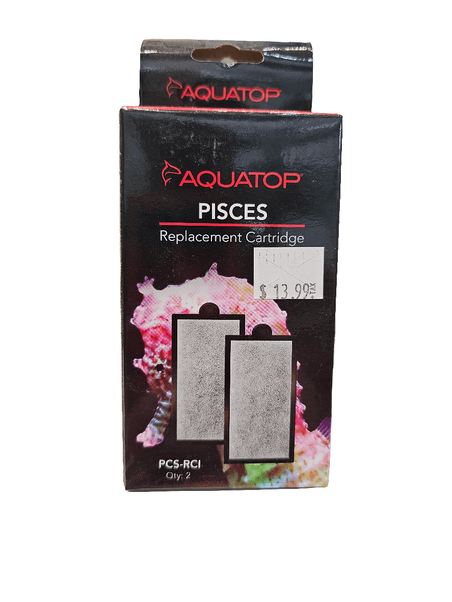 The image displays a package of Aquatop Pisces Filter Cartridge Replacement 2-pack with a price tag of $13.99. The packaging features images of two filter cartridges set against a vibrant background with coral-like elements.