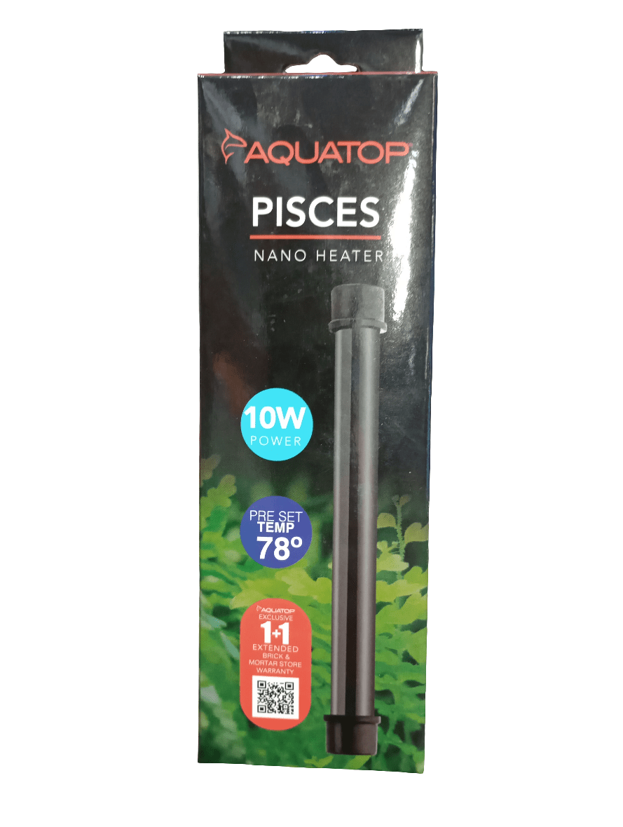 The image showcases the packaging of the Aquatop - Pisces Nano Heater - 10 watt. It includes a long, black heater pre-set to 78°F. The box prominently features a 1+1 month extended warranty and displays green aquatic plants in the background.