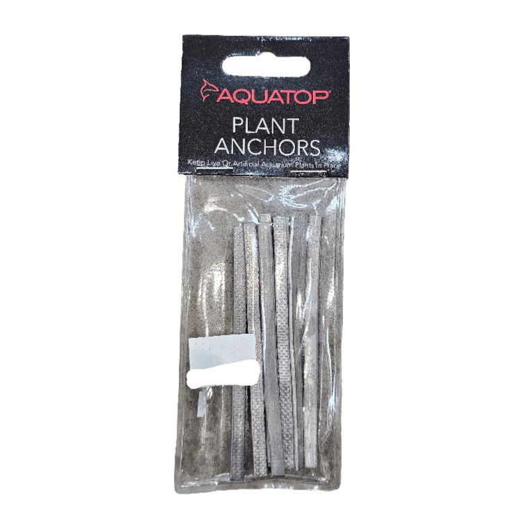 The Aquatop - Plant Anchors 10ct package contains multiple metallic strips specifically intended for securing aquatic plants. The clear packaging is topped with a bold black and red label, providing easy visibility of the lead weights within.