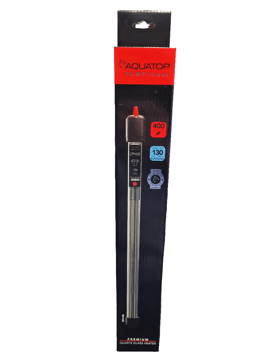 Packaging of an Aquatop Premium Quartz Glass Heater, with a 400W rating and suitable for aquariums up to 130 gallons. The image depicts the heater inside a black and red box featuring product information and branding.