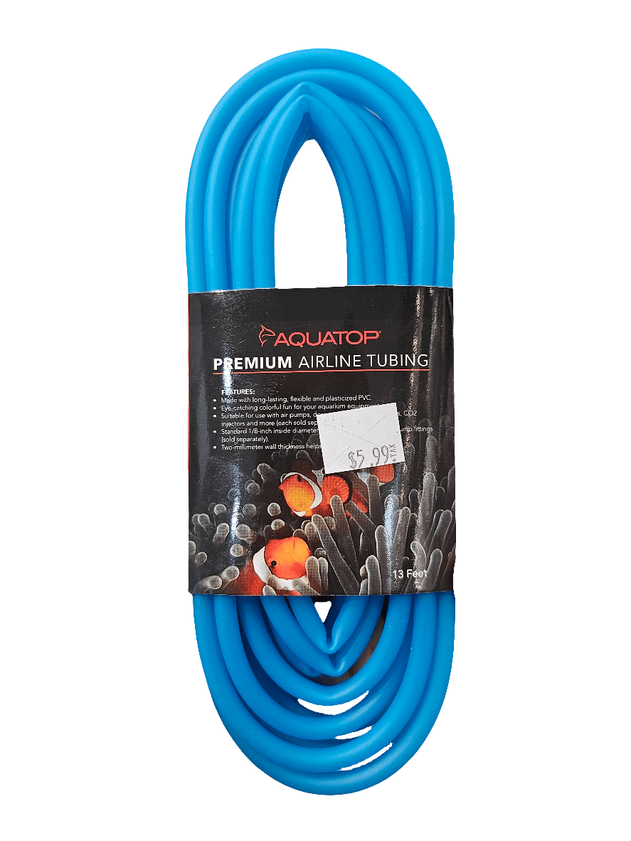 Image of a coiled Aquatop - Premium Tubing - Blue 13', ideal for aquarium setups. The packaging features an underwater scene adorned with bubbles and corals, suitable for connecting air pumps. The price tag is $5.99.