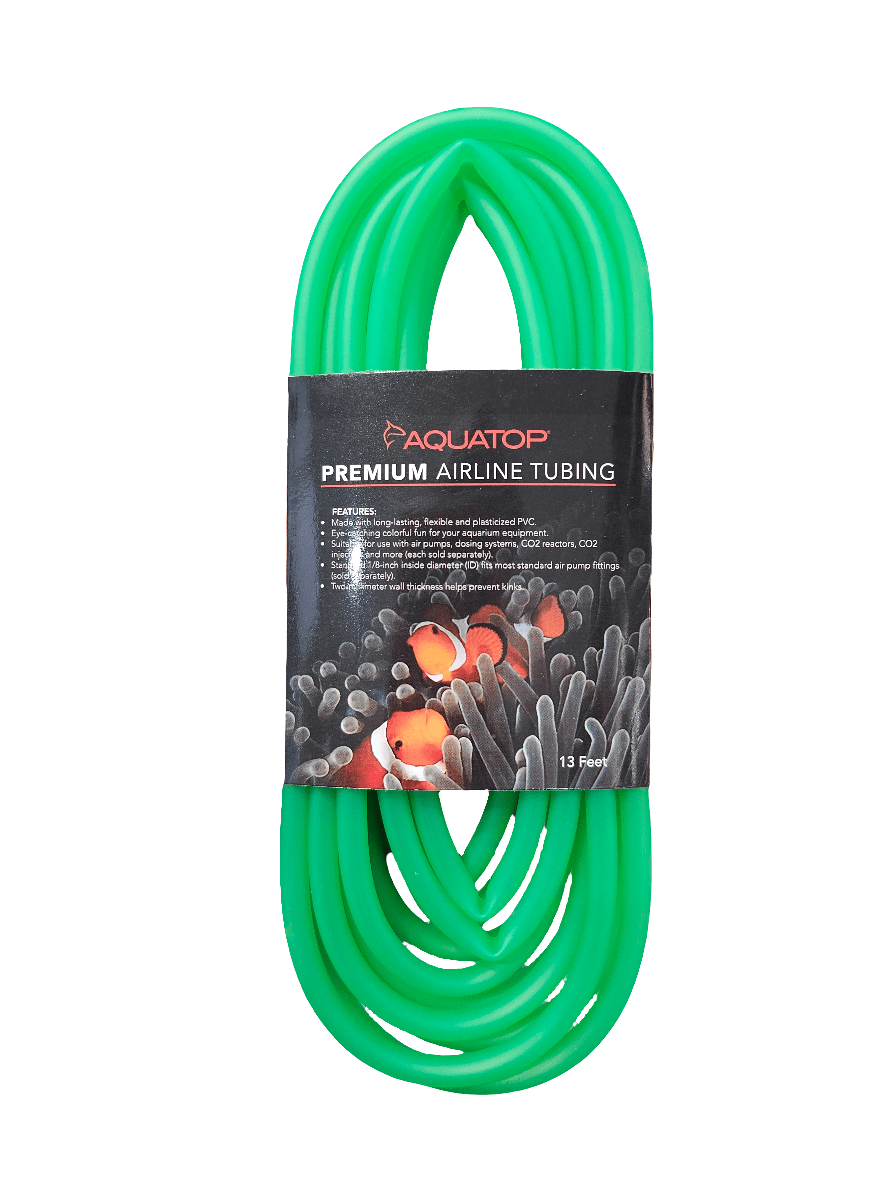 A package of Aquatop - Premium Tubing Green 13' showcases bright green flexible tubing carefully coiled, with a label displaying images of clownfish and anemones. The packaging emphasizes its use in aquariums and compatibility with filters and air pumps.