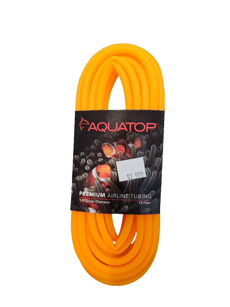 An orange coiled airline tubing for aquariums, known as Aquatop - Premium Tubing - Orange 13', features a diameter of 1/8 inch and a length of 13 feet, available for $5.99.