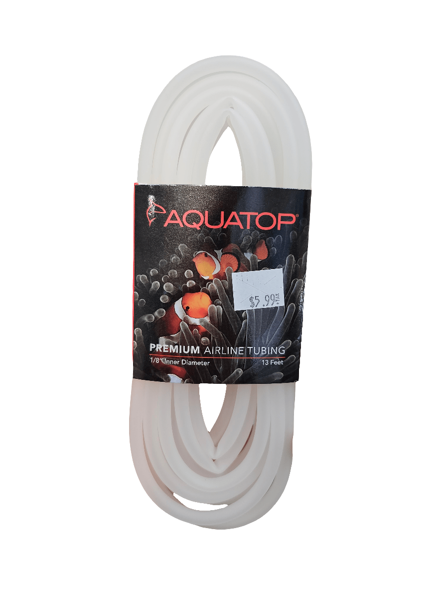 The Aquatop Premium Tubing White 13', made from flexible plasticized PVC, measures 13 feet in length and is available for $5.99. The packaging showcases images of clownfish and corals and includes details about its 1/8 inch inner diameter, making it ideal for connecting to air pumps in your aquarium setup.