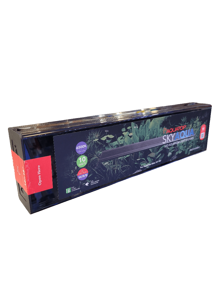 A black rectangular box for an Aquatop Skyaqua LED 12"-18" is shown. The packaging displays images of aquatic plants and lights, with labels emphasizing features like 6500K brightness, 10 watts, and a plant-friendly design.