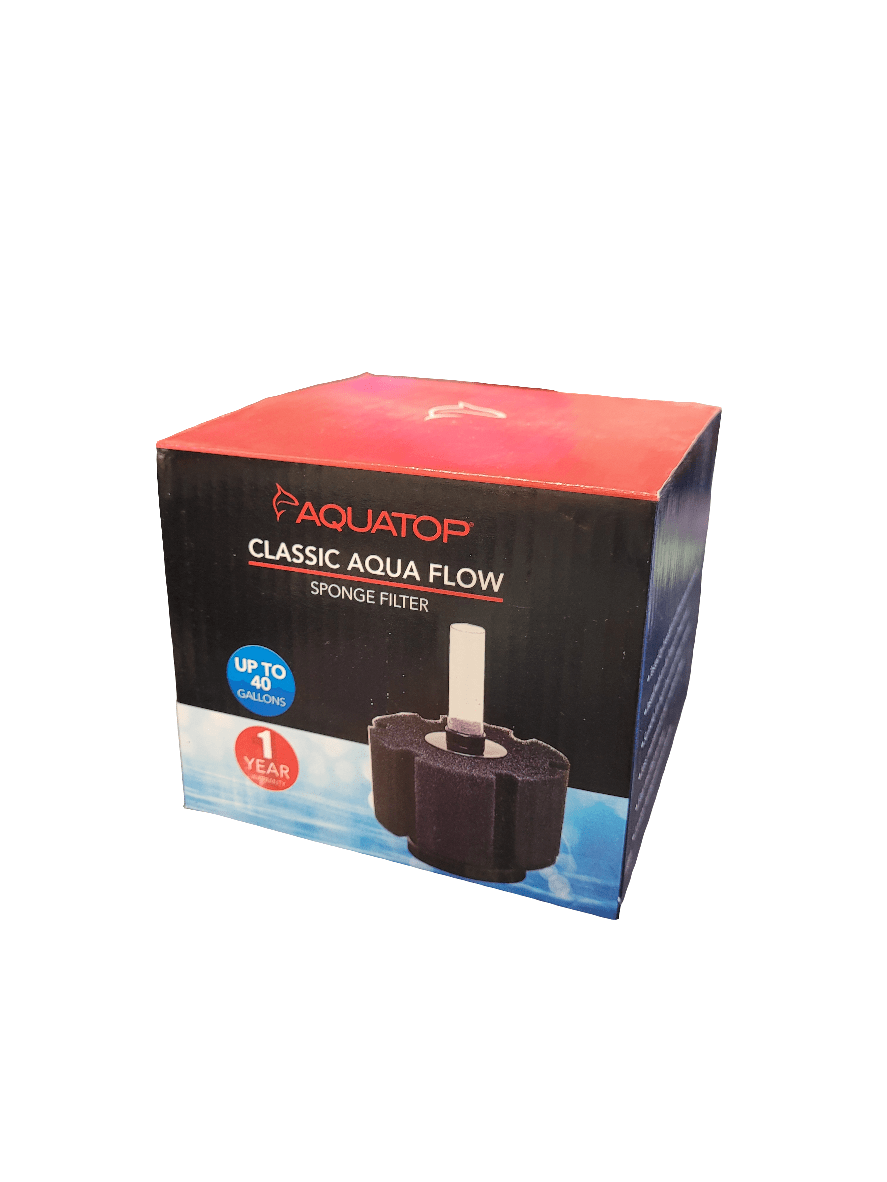 Box of Aquatop - Sponge Filter - 40gal, suitable for aquariums up to 40 gallons and comes with a 1-year warranty. The packaging displays an image of the filter set against a blue background.